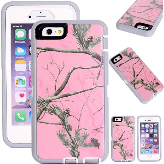 Kecko(TM)for iphone 6 case,Defender Tough Rubber Tree Forest Camo Shockproof Weather Impact Resistant Military Grade Heavy Duty Hybrid Rugged Full Body Protective Built-in Screen Protector Case with Camouflage Woods Design for iphone 6 4.7 inch(for Regular iphone 6) (Pink Tree)