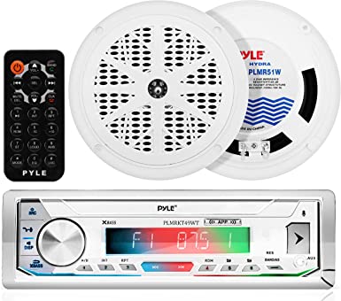 Pyle Bluetooth Marine Receiver Stereo & Speaker Kit - 300W Single DIN Boat Marine Head Unit, Mic, Hands-Free Calling, AUX, MP3/USB/SD, AM/FM Radio, Remote Control - PLMRKT49WT (White)