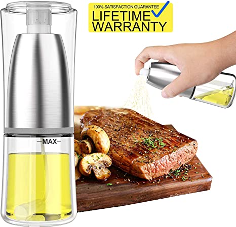 Updated 2020 Version Olive Oil Sprayer Dispenser Mister Bottle For Cooking, BBQ and Air Fryer, Premium Glass Oil Vinegar Soy Sauce Spray for Grilling, Kitchen, Salad, Bread Baking, Frying (120ML)