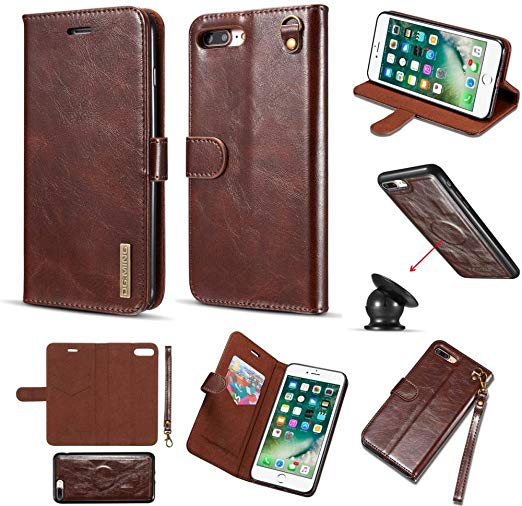 For iPhone 7 Plus Leather Case,DG.MING Genuine Cowhide Leather Folio Flip Wallet Case Ultra Thin Built-in Magnetic Pickup Detachable SlimCase Cover for iPhone 7 plus with Hand Strap (Coffee)