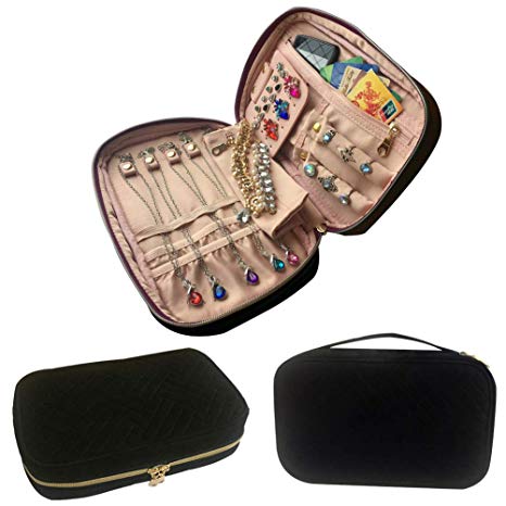 Venus Travel Jewelry Organizer Case, Jewelry Storage Bag for Necklaces, Portable Travel Jewelry Storage Cases for Earrings, Soft Padded Traveling Jewelry Bag Case, Bracelets, Rings, Brooches, Black