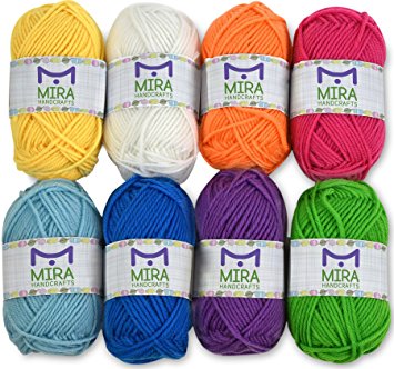 Premium yarn pack - 8 acrylic rainbow color yarn skeins - excellent for small and kids yarn projects, crafts, knitting, crochet and much more - 10 bonuses with each pack - resealable bag