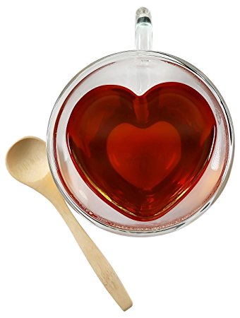 Princeton Wares Heart Shaped Double Wall Insulated Glass Tea Cup 8.5 Ounces With Bamboo Teaspoon (1)