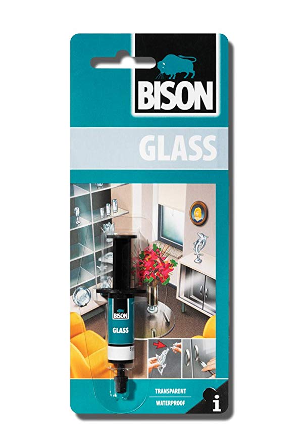 1 x 6305392 Bison Glass Bond Adhesive Glue 2ml Syringe. Crystal clear. Transparent. Waterproof. Dishwasher safe.