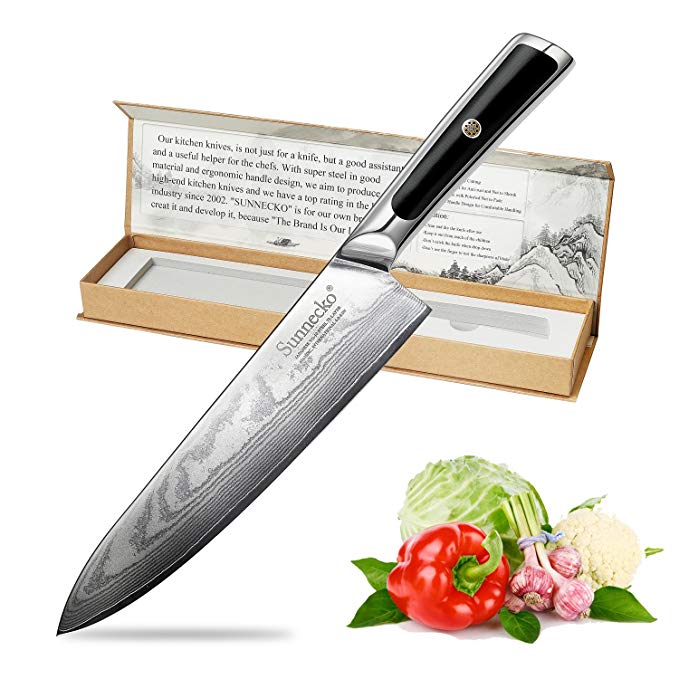 Chef Knife-8inch Professional Damascus Steel VG10 Kitchen Knife with Unique Ergonomic Handle - Quality Warranty - Razor Sharp - Best Kitchen Gift for Cooking Lovers and Chefs by SUNNECKO
