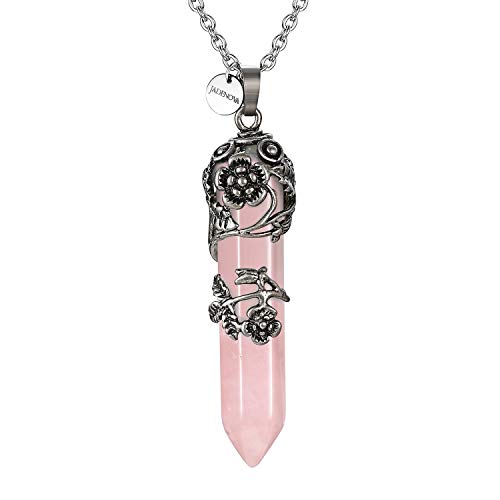 JADENOVA Antique Silver Rose Flower Wrapped Energy Healing Crystal Gemstone Pendant Necklace 20" Stainless Steel Chain