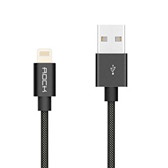 [Apple MFI Certified] Rock® 6ft/180cm Nylon Braided Tangle-Free Aluminum Casing 8-pin Lightning to USB Sync/Charger Cable for iPhone 7/7 Plus/6s/6s Plus/6/6 Plus/SE, iPad 4/Pro/Air/Mini -Retail- Black