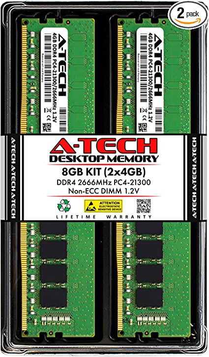 A-Tech 8GB (2x4GB) DDR4 2666 MHz UDIMM PC4-21300 (PC4-2666V) CL19 DIMM Non-ECC Desktop RAM Memory Modules