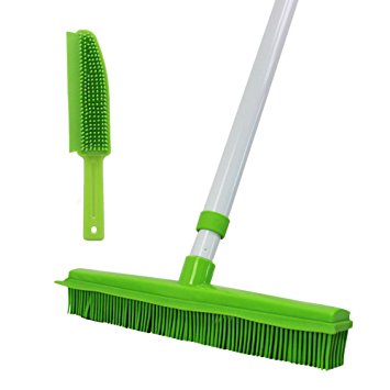 Long Handle Rubber Brush Push Broom with Soft Rubber Bristles and Squeegee Edge ,Use for Pet Cat/Dog Hair Perfect for cleaning hardwood vinyl carpet (Rubber Broom Brush)
