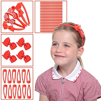 SCHOOL HAIR ACCESSORIES SET FOR GIRLS: 40 pcs, All School Uniform Colours Available, Black, Green, Red, Navy Blue, Headbands, Hair Clips, Hair Bands, Ribbon Bows, Slides, Alice Bands - Back To School.