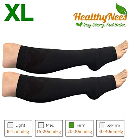 HealthyNees Big Tall Plus Size Wide Calf & Extra Wide 20-30 mmHg Open Toe Medical Compression Leg Swelling Circulation Men Women Socks (Black, Regular Calf XL)