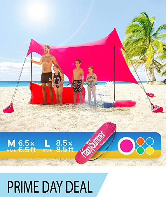 Sunshade Beach Tent – Sun Shelter Pop-Up & Wind Protection – Portable, UPF50  UV Protection Lycra Canopy with Anchors, Stakes, Poles, Carry Case for Camping & Outdoor Family Activities by HappySummer