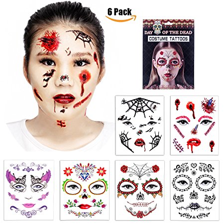 Halloween Temporary Face Tattoos - Skull Scar Spider Blood Bat Rose Floral Fake Tattoos Sticker for Women Men Kids Boys With 6 Realistic Full Face Tattoo Mask Waterproof