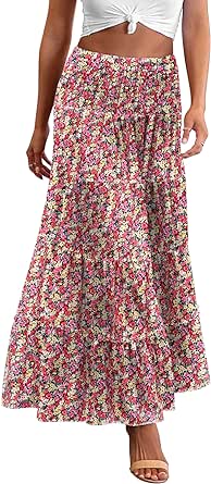 Zeagoo Women's Long Maxi Skirts Tiered Elastic High Waist Boho Double Layered Print A-Line Casual Midi Dress