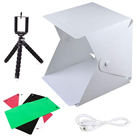 FOME Photo Light Box, Foldable & Portable Photo Lighting Studio Kit Mini Photo Shooting Tent with Light 8.8x9.6x9.8in Photo Studio Box with 4 Colors Backdrops Phone Tripod Switch USB Cable and Pouch