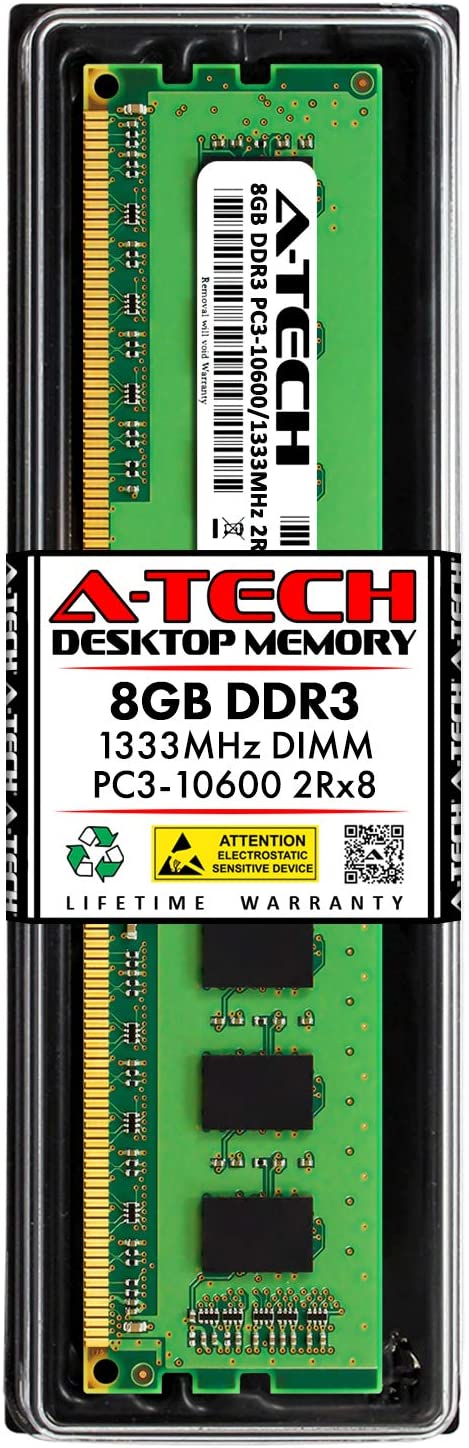 A-Tech 8GB DDR3 1333MHz DIMM PC3-10600 2Rx8 Dual Rank 1.5V CL9 240-Pin Non-ECC UDIMM Desktop RAM Memory Upgrade Module