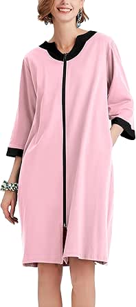 Ekouaer Women Zipper Robe 3/4 Sleeve Nightgowns Lightweight Short Bathrobe with Pockets S-3XL