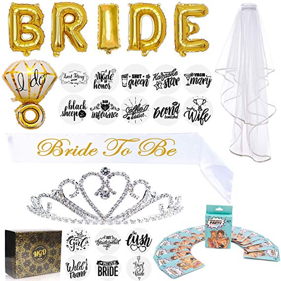 Bachelorette Party Supplies Kit Bridal Shower Favors and Decorations|"Bride to Be" Satin Sash, Rhinestones Tiara, Wedding Veil, Tattoos Pack,"Bride" &"I DO" Ring Gold Foil Balloons, Dare Cards Game