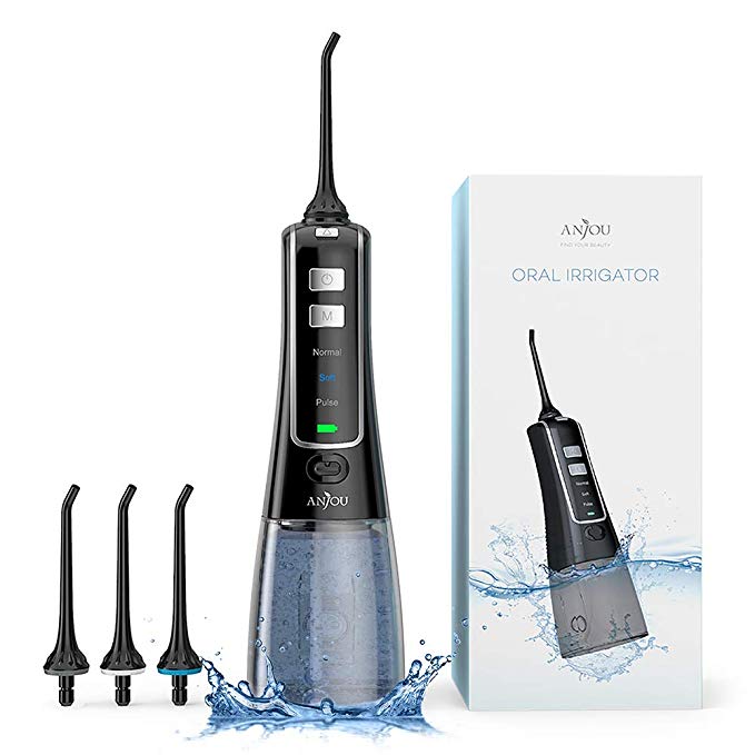 Water Flosser for Teeth, Anjou Portable Oral Irrigator Dental Flosser for Travel, Professional Rechargeable Electric Flosser 300ML with 3 Modes 4 Jet Tips, IPX7 Waterproof with FDA Approved