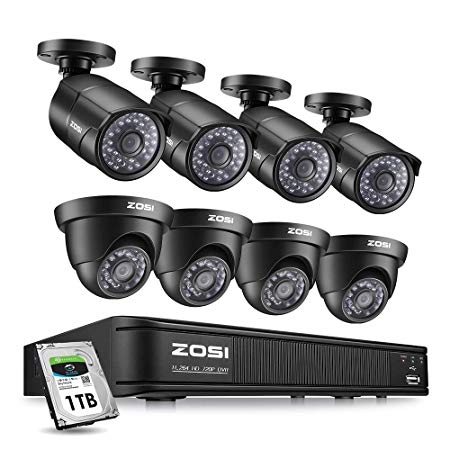 ZOSI Home Security Camera System 8 Channel, 1080p Lite Surveillance DVR Recorder with Hard Drive 1TB and (8) HD 720p Weatherproof CCTV Camera Outdoor/Indoor,Remote Access and Motion Detection