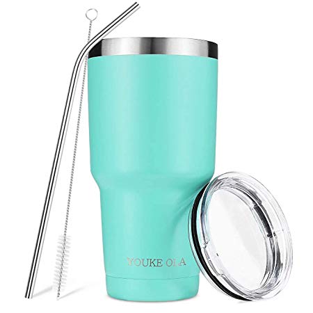 Stainless Steel Tumbler 30oz - Vacuum Insulated Tumbler Coffee Cup Double Wall Large Travel Mug with Lid, Straw, Brush, Gift Box Set (Seafoam)