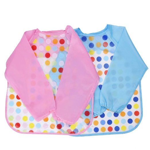Blulu Unisex Baby Waterproof Sleeved Bib Long Sleeve Bib for Infant Toddler, Set of 2