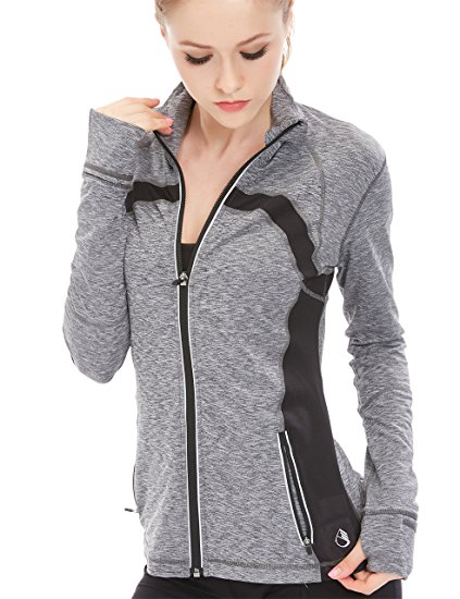 icyZone Women's Running Shirt Full Zip Workout Track Jacket with Thumb Holes