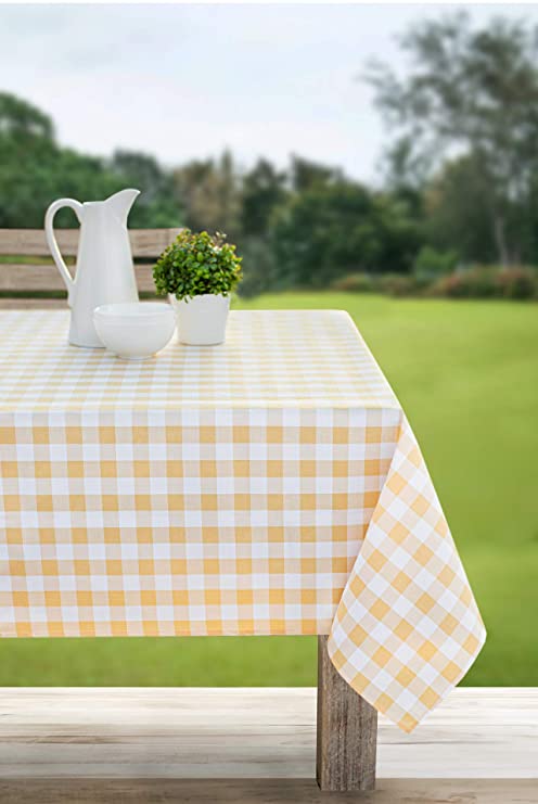 Benson Mills Indoor Outdoor Spillproof Fabric Gingham Checkered Tablecloth for Spring / Summer Pinics and Parties (Yellow Buffalo Check, 60" X 84" Rectangular)