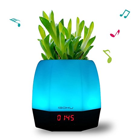 iGOKU Magic Music Plant Pot with Bluetooth Speaker, Table Lamp, LED Clock, Alarm Clock All in One. Ideal as Kitchen / Dining / Living Room / Coffee / Party / Celebrations / Christmas Table Decor