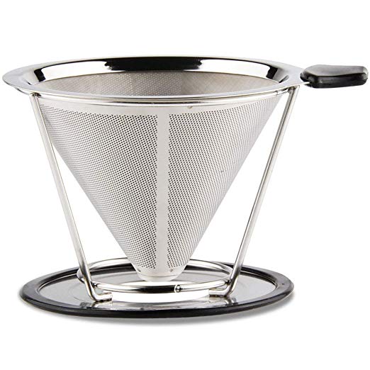 Sivaphe Coffee Fliter Sliver Stainless Steel Double-Layered Mesh Paperless Reusable Cone Coffee Dripper Cup Pour Over Filter 4 Cup