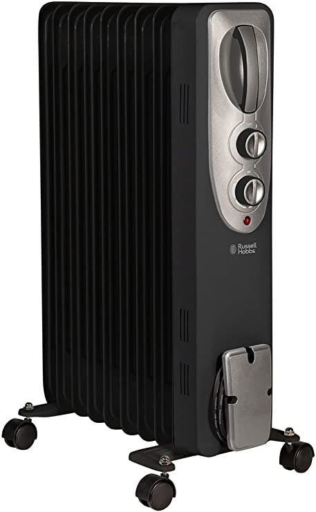 Russell Hobbs RHOFR5002B 2KW 9 Fin Oil Filled Radiator Heater in Black, Adjustable Thermostat with 3 Heat Settings, 20 m sq Room Size, 2 Year Guarantee