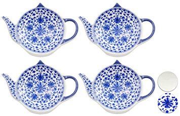 4-Pack of Blue & White Teapot-Shaped Porcelain Ceramic Tea Bag Coasters; Set of Handcrafted Tea Bag Caddies, Spoon Rests with Traditional Floral China Pattern