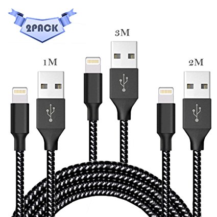 [3 Pack]Huluyers Power Lightning Protection Cable,3FT 6FT 10FT Nylon iPhone Charger Cable USB Charging Cable for iPhone8/8 Plus/7/7 Plus/6/6 Plus/6s/6s Plus/5/5s/5c/SE.(Black White)