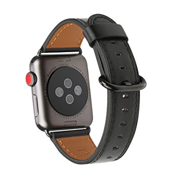 Apple Watch Band 38mm, WFEAGL Retro Top Grain Genuine Leather Band Replacement Strap with Stainless Steel Clasp for iWatch Series 3,Series 2,Series 1,Sport, Edition (Black Band Black Buckle)