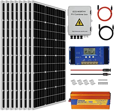 ECO-WORTHY 800W 24V 3Kwh/day Solar Panel Off Grid House System:8pcs 100W Mono Solar Panel  1500W 24V-110V Solar Inverter   60A PWM Battery Charger Controller   PV Combiner Box for Off Grid Home, Marine Boat, Camping RV