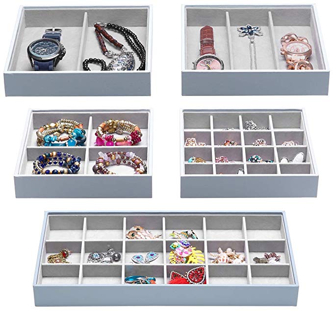 Magic Stackable Jewelry Trays Closet Dresser Drawer Organizer for Accessories, Gadgets & Cosmetics, Storage Display Showcase Holder Box, Set of 5