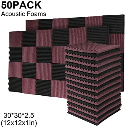 50 Pack Acoustic Panels Studio Foam Wedges 1" X 12" X 12"Sound-proofing,Sound Absorption (50PCS, Black&Coffee)