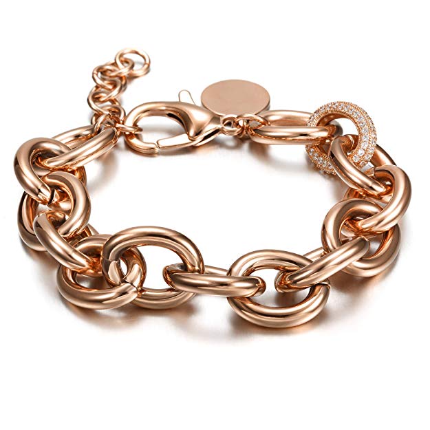 CIUNOFOR CZ Bracelet for Women Girls Wide Cuban Curb Link Bracelet Silver Rose Gold Plated 9.5 Inches Stainless Steel Chain with Round Disc Charm