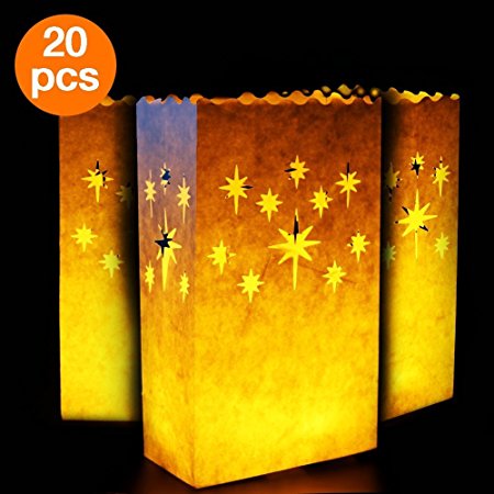 Cookey Candle Luminary Bags, 20 Pcs Tealight Candle Bags, Durable and Reusable Fire-Retardant Cotton, Perfect for Home Outdoor, Christmas, Wedding, Reception, Holiday, Party and Event Occasion Decoration (Stars Design)