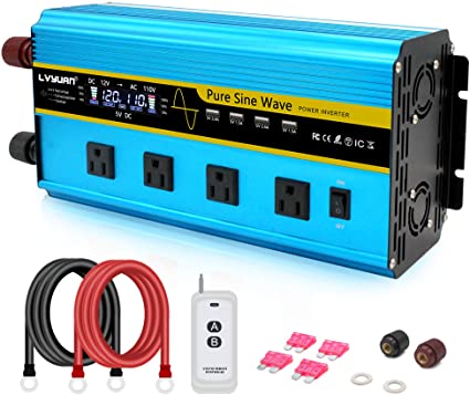 LVYUAN Pure Sine Wave Inverter 3000 Watt Inverter 12V to 110V DC to AC with Remote Controller, LCD Display 4 AC Sockets and 4 USB Charge Ports for Car Truck Solar System (3000W with Remote Controller)