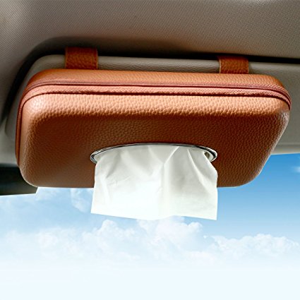 MEIBEI Car Visor Tissue Holder, PU Leather Napkin Cover, Paper Towel Box for Vehicle Home Office Brown