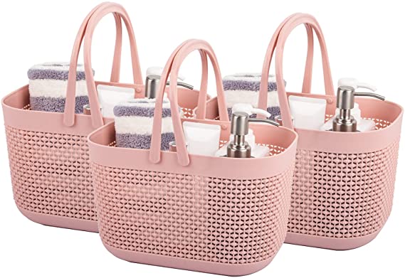 UUJOLY Plastic Organizer Storage Baskets with Handles, Shower Caddy Bins Organizer for Bathroom and Kitchen (3 Pack, Pink)