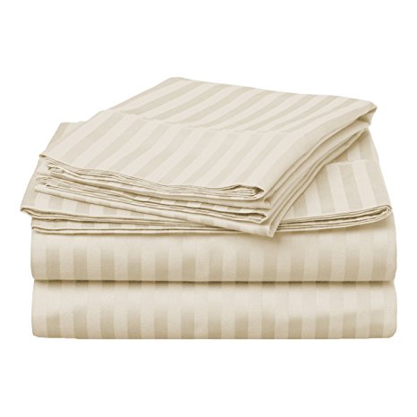 King Striped Sheet Set 400-Thread Soft 100% Premium Long-Staple Combed Cotton 4-Piece, Ivory