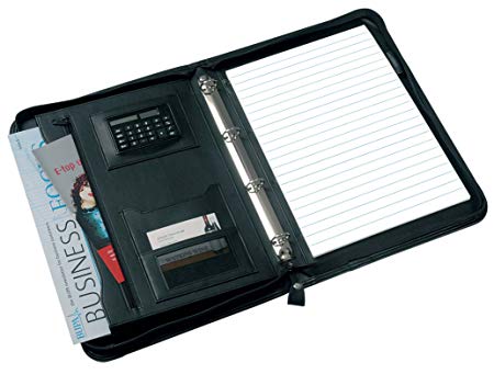 Staples A4 Zipped Conference Portfolio Ringbinder Folder Black Leather Document Folio with Built-in Calculator