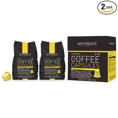 40 Bestpresso Nespresso Compatible Gourmet Coffee Capsules - Nespresso Pods Alternative: Espresso Blend Natural Espresso Flavor (Medium Intensity) - Certified Genuine Espresso