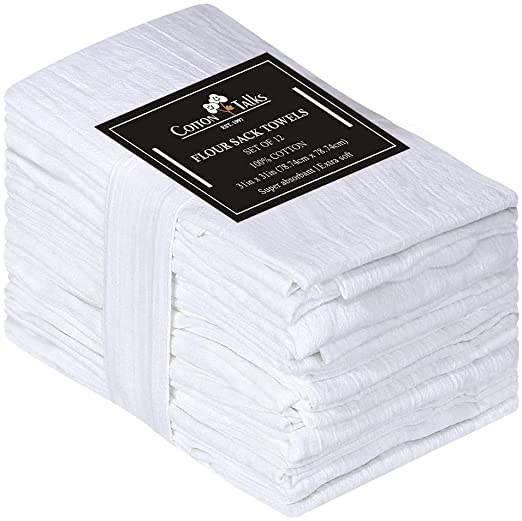 Cotton Talks Flour Sack Towels - 31” x 31” Kitchen Dish Towels - 12 Pieces White Kitchen Towels - 100% Cotton Fabric - Multi-Purpose Towels for Kitchen - Reusable Tea Towels Extra Large