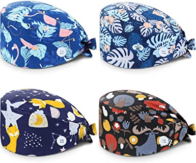 4 Pack Scrub Cap Printed Bouffant Turban Cap Adjustable Bouffant Hair Cover with Sweatband for Women Men