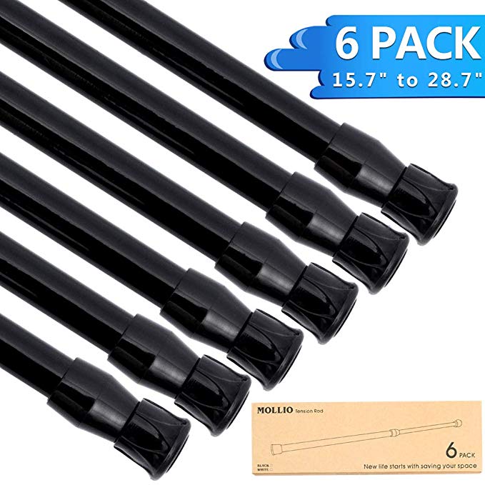 Mollio Tension Rod 15.7 to 28.7 Inch Tension Curtain Rod Window Bars Cupboard Short Spring Tension Rod for Kitchen Bathroom Curtain 6 Pack Black Tension Rods