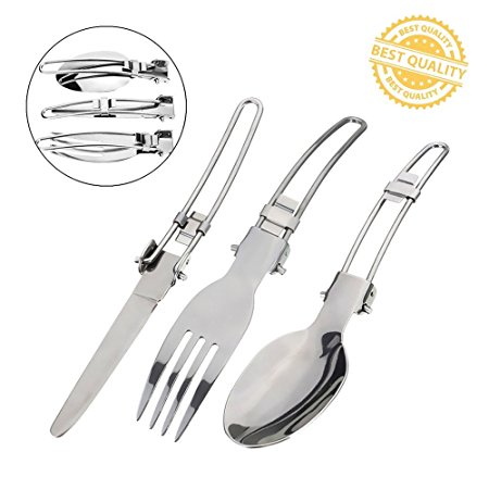 SUNFUNG Portable Folding Foldable Outdoor Camping Travel Picnic Stainless Steel Utensil Cutlery Tableware Set Including Knife Fork Spoon, 3-IN-1 (1 Pack)
