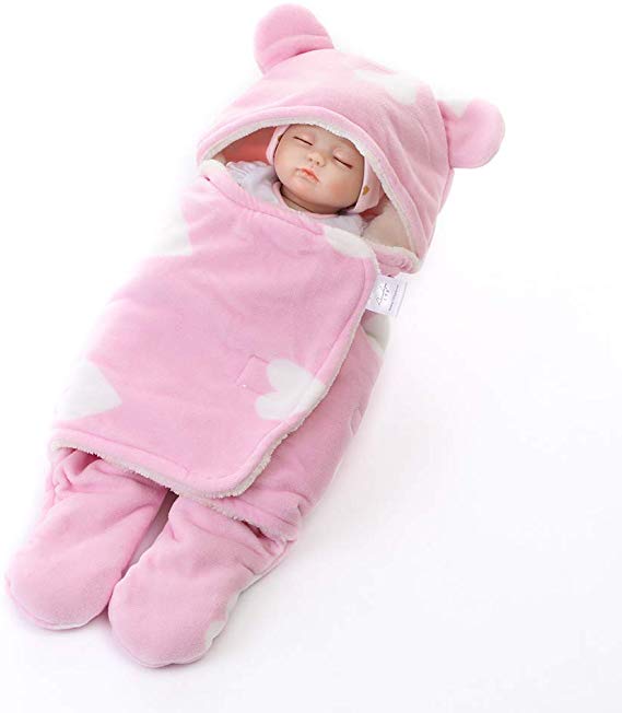 Baby Hooded Swaddle Blanket Baby Cute Cotton Plush Receiving Blanket Fleece Swaddle Sleeping Bag Sack Stroller for Baby (Pink)